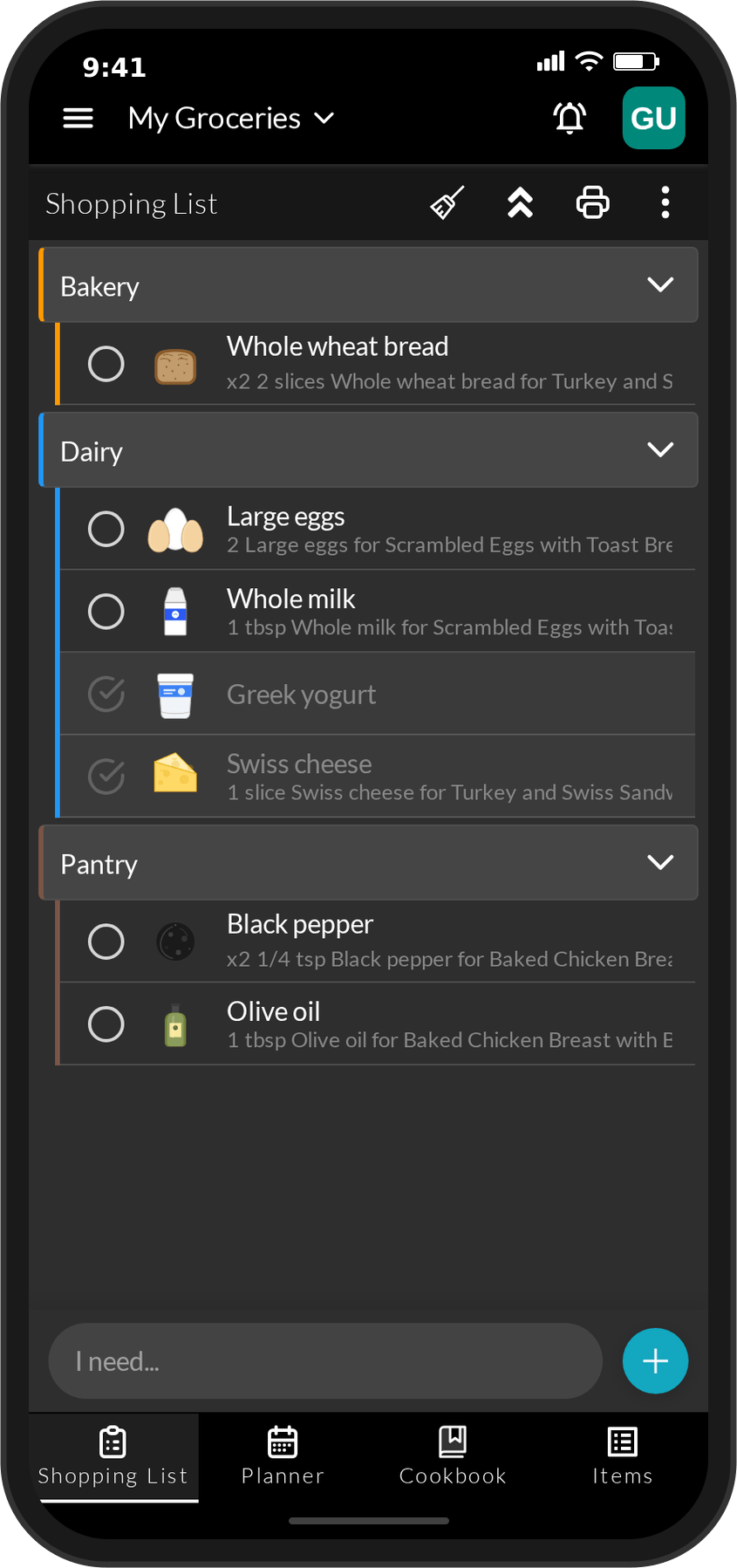 Grocery Board Shopping List App Screenshot (Dark Mode)