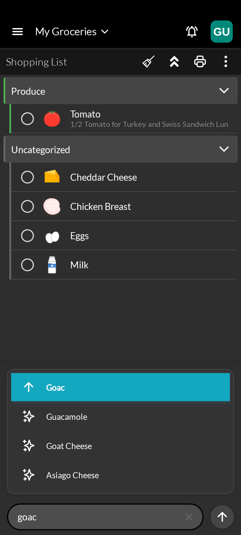 Add Items Suggestions (Dark Mode)