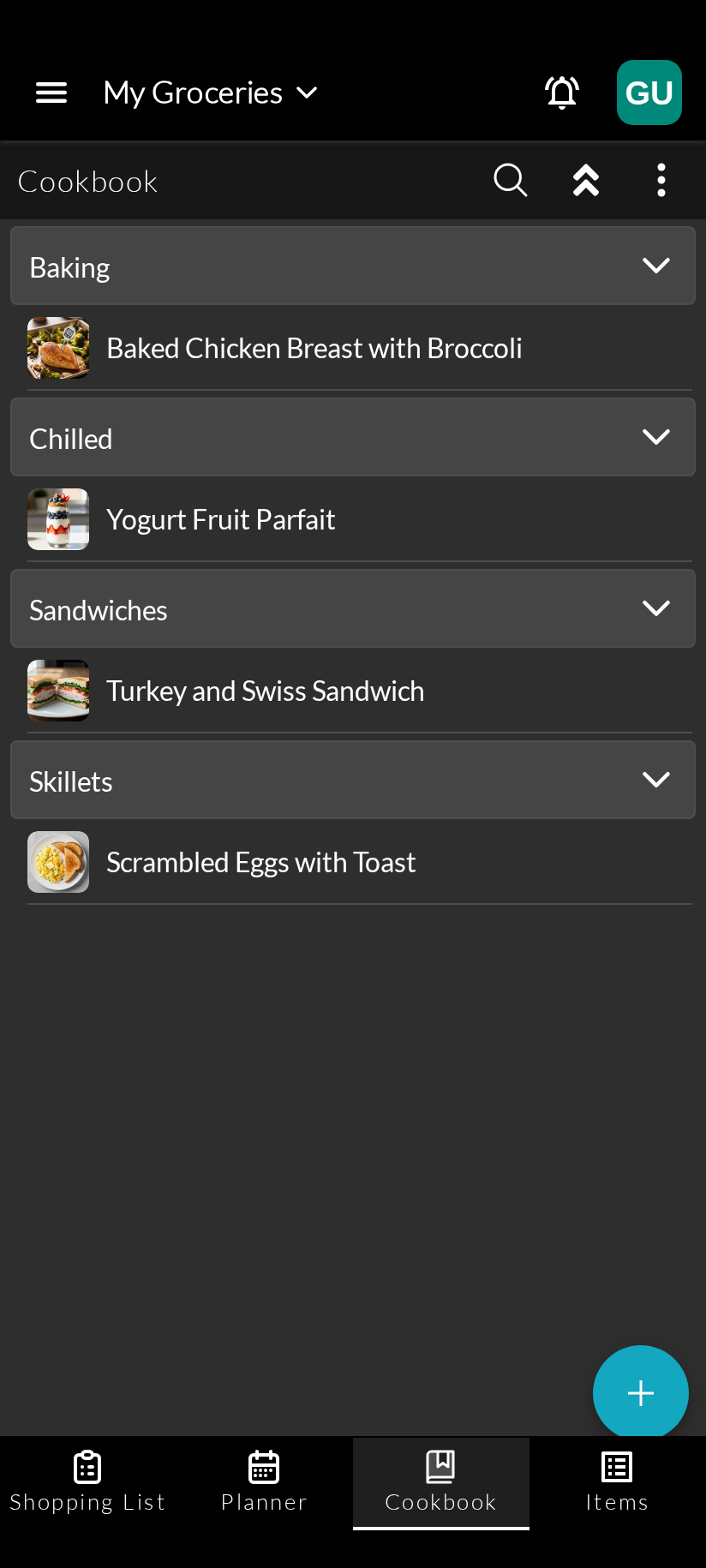 Cookbook View (Dark Mode)
