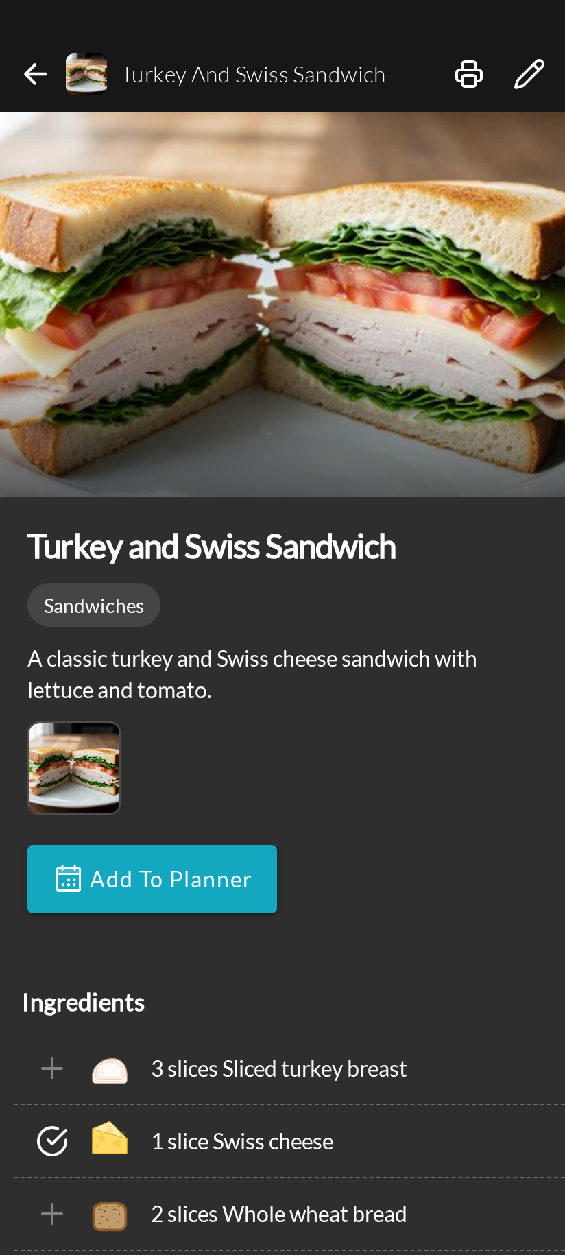 Recipe View (Dark Mode)