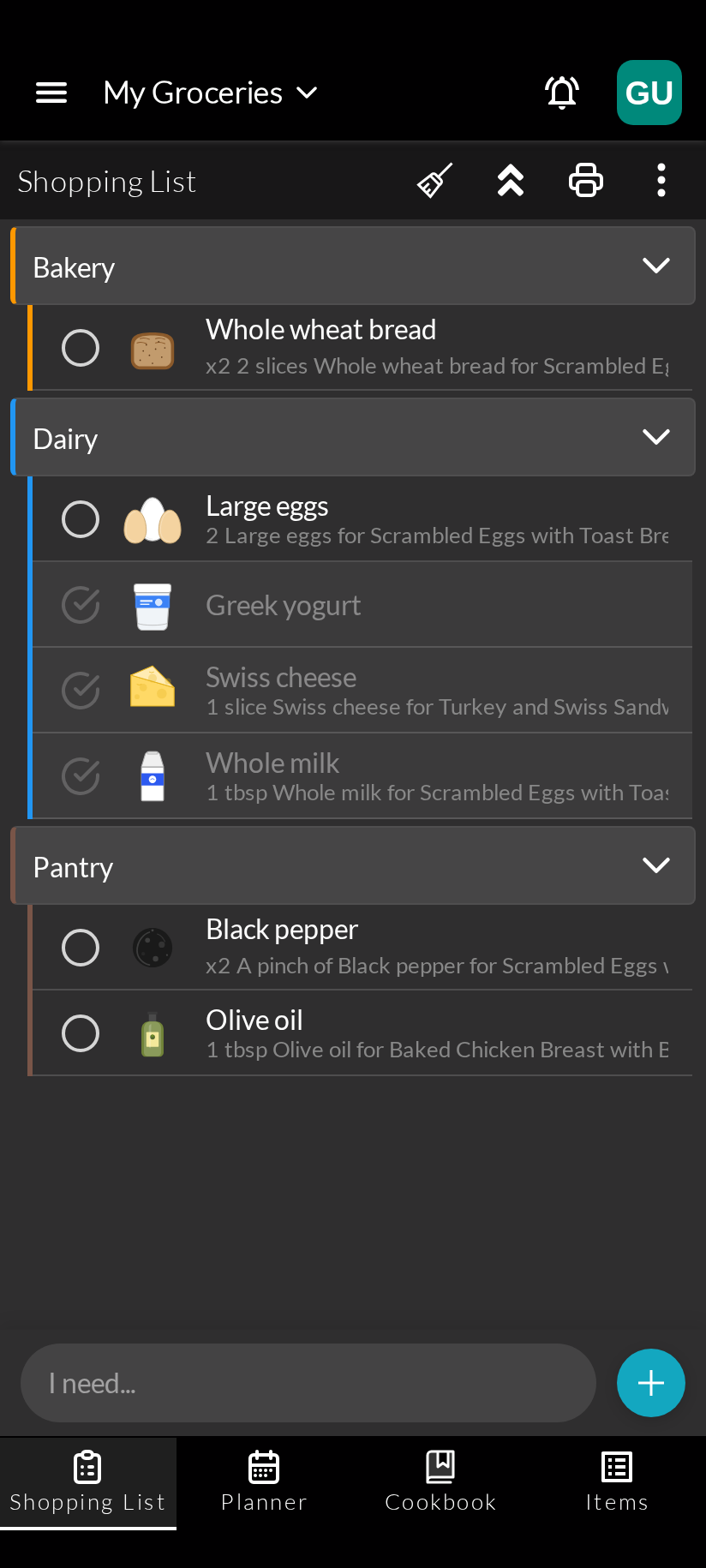 Shopping List (Dark Mode)
